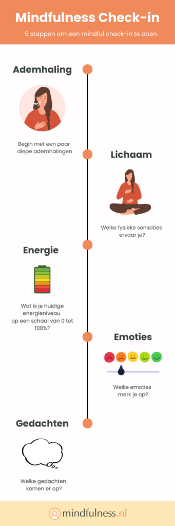 Een mindfulness check-in helpt je om even stil te staan bij je huidige gedachten, gevoelens en fysieke sensaties. Gebruik dit moment om jezelf te evalueren en bewust aanwezig te zijn, waardoor je stress kunt verminderen en je welzijn kunt bevorderen.