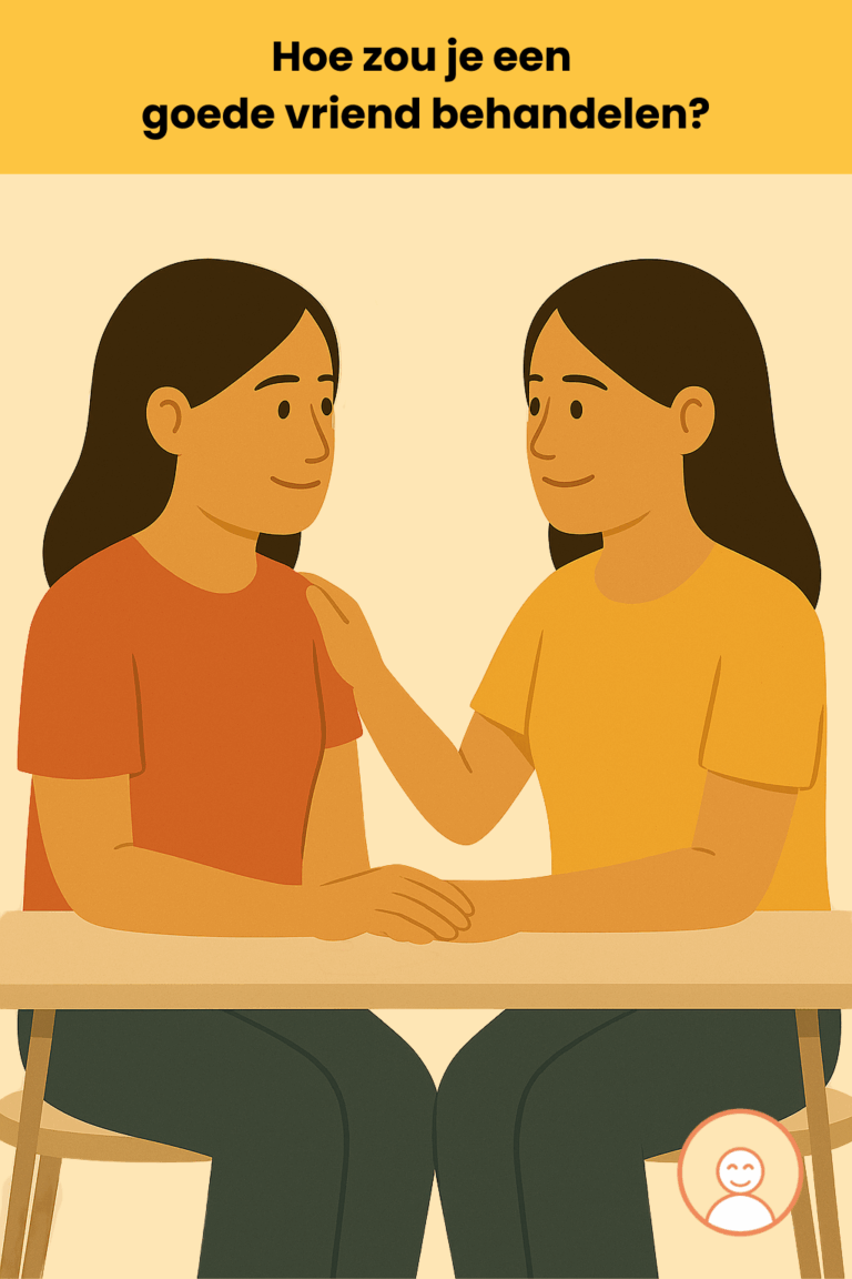 Een vrouw zit aan tafel tegenover een andere vrouw (haar spiegelbeeld), beiden hebben een zachte blik. De vrouw rechts heeft een hand op de schouder van de ander. Het beeld straalt mildheid uit — de ene is de ander aan het troosten. Het is een visuele metafoor voor: “zou je dit ook tegen een vriend zeggen?”