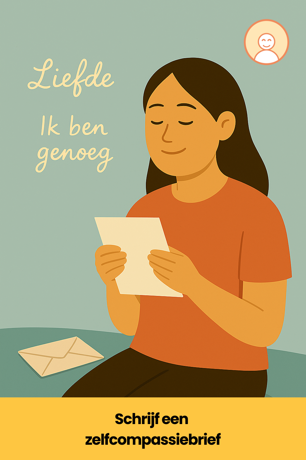 Een vrouw zit op een rustig plekje met een brief in haar hand en een zachte glimlach. Naast haar ligt een envelop of er zweven zachte woorden in de lucht zoals ‘liefde’, ‘ik ben genoeg’. Het straalt kwetsbaarheid en innerlijke steun uit.