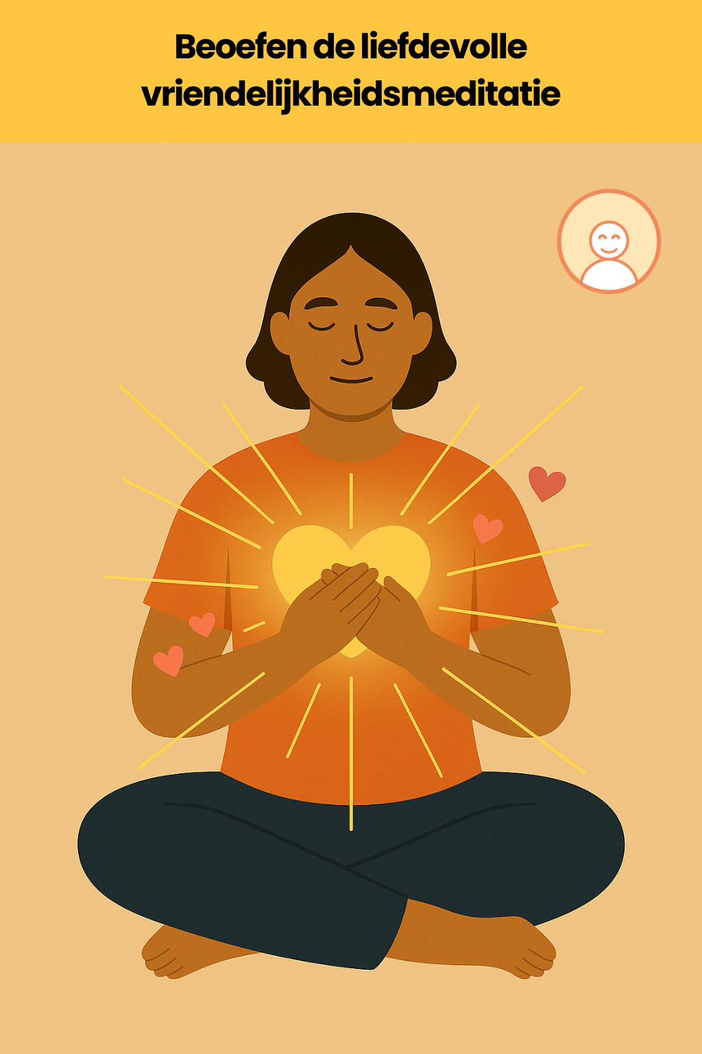Een man zit in meditatiehouding met gesloten ogen. Vanuit zijn hart stroomt een zachte, warme gloed in alle richtingen — symbolisch voor liefde die hij zowel naar zichzelf als naar de wereld uitzendt. Eventueel kleine hartjes of lichtstralen.