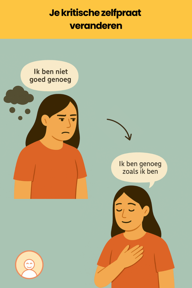 Twee versies van dezelfde vrouw: één met een kritische frons en donkere wolkjes, en één met een zachte blik en hand op het hart. Tussen hen in een pijltje dat aangeeft: “van oordeel naar begrip”. Of een praatwolk waarin een kritisch zinnetje wordt vervangen door iets liefs.