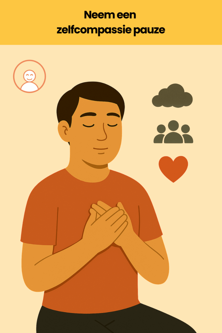 Illustratie van een persoon met gesloten ogen die een zelfcompassie pauze neemt. De persoon zit rechtop met beide handen op de borst. Rondom hem zijn drie symbolen te zien: een wolk (voor moeilijke emoties), een groep mensen (voor gedeelde menselijkheid), en een hart (voor vriendelijkheid). Bovenin staat de tekst: “Neem een zelfcompassie pauze”.