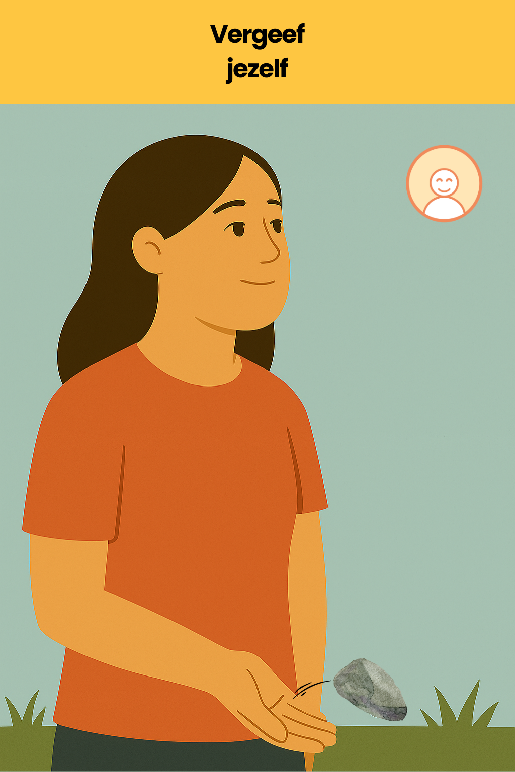 Een vrouw laat een donker steentje los uit haar hand — het valt in het gras. Ze kijkt met een kalme blik naar boven, alsof er ruimte ontstaat. Symbolisch voor het loslaten van schuld en het openen naar lichtheid of toekomst.