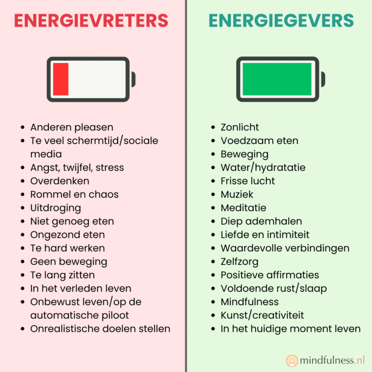 Een infographic met twee kolommen. Links staat 'Energievreters' met voorbeelden zoals: te veel schermtijd, overdenken, rommel en chaos, en anderen pleasen. Rechts staat 'Energiegevers' met voorbeelden zoals: zonlicht, beweging, meditatie, gezonde voeding, en waardevolle verbindingen. De achtergrondkleuren benadrukken het contrast tussen energievreters en energiegevers, en er staat een batterij-icoon bij beide kolommen om de energiebalans te symboliseren.