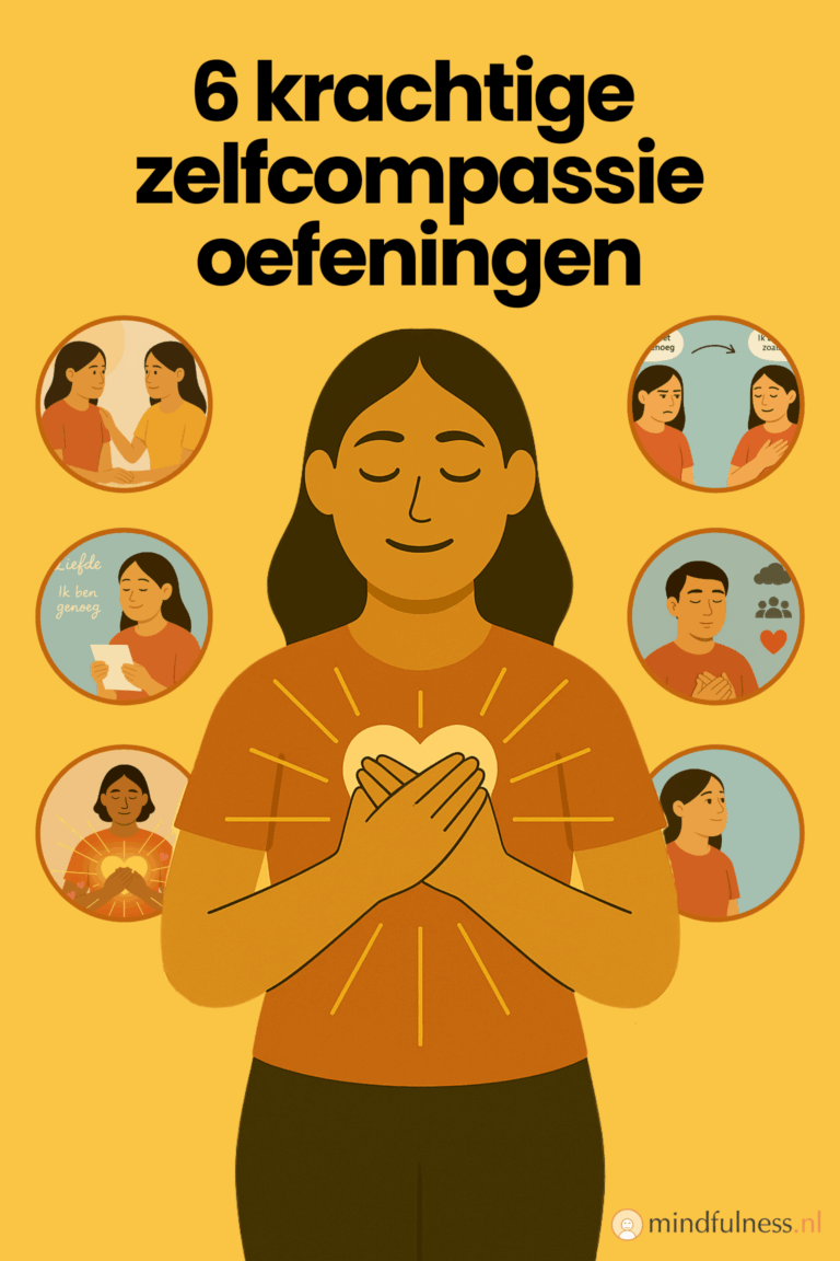 Illustratie van een persoon met gesloten ogen en beide handen op het hart, omringd door zes cirkels met beelden van zelfcompassie-oefeningen. De afbeelding toont onder andere: een vrouw die haar spiegelbeeld troost, een brief met de woorden "liefde" en "ik ben genoeg", een meditatie met een hart dat straalt, het veranderen van kritische zelfpraat, een zelfcompassie pauze, en een vrouw die zichzelf vergeeft. Bovenaan staat de titel “6 krachtige zelfcompassie oefeningen” en onderaan het logo van Mindfulness.nl.
