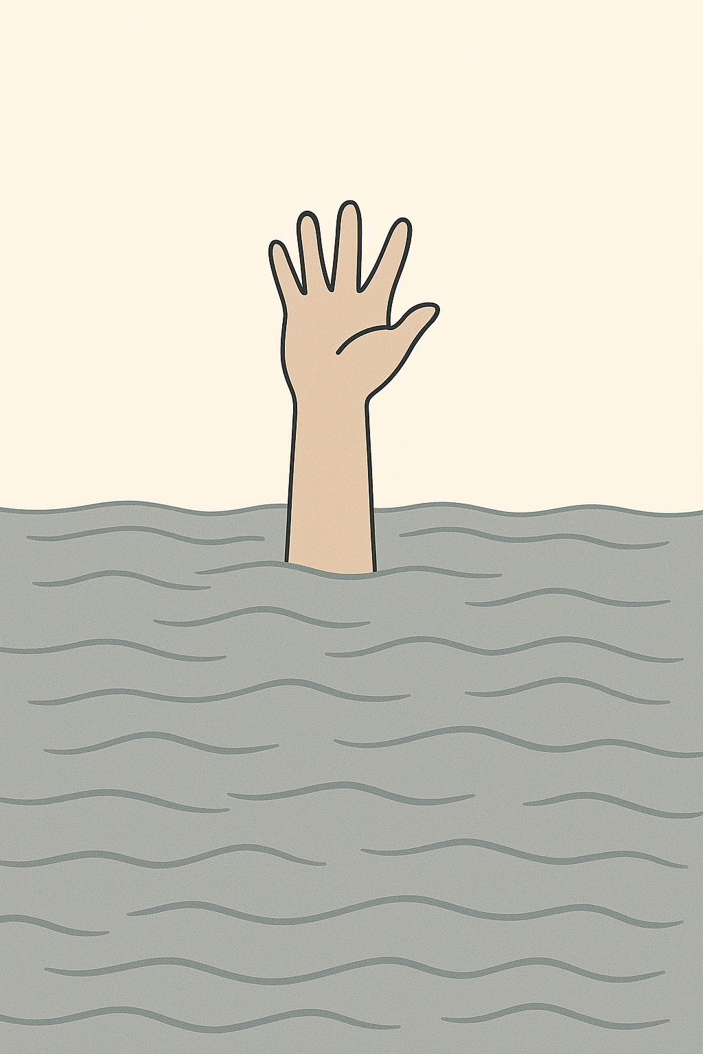 Minimalistische illustratie van een hand die omhoog steekt uit grijsgroene golven, als symbool voor iemand die worstelt met depressie. De rustige beige achtergrond benadrukt het gevoel van eenzaamheid en het stille verlangen om gezien te worden te midden van emotionele overweldiging.