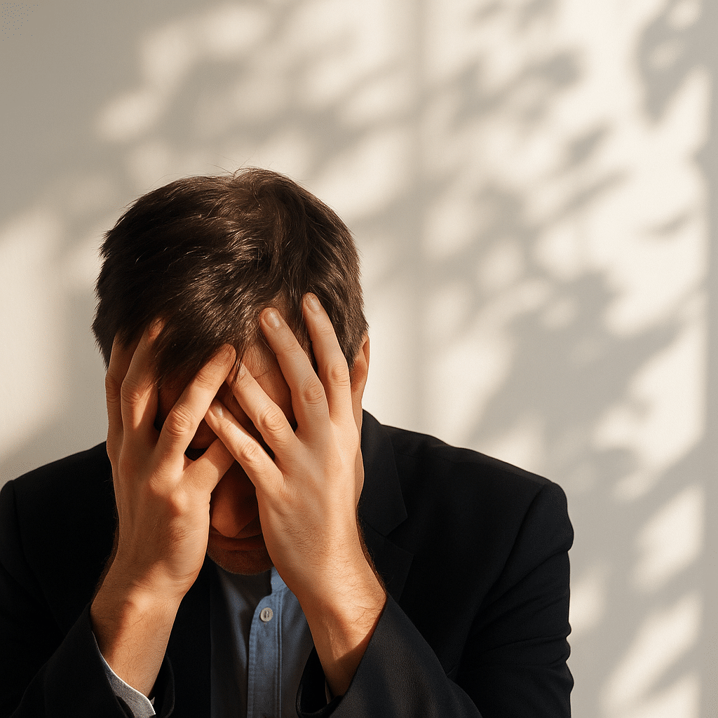 Man met piekergedachten in ochtendlicht