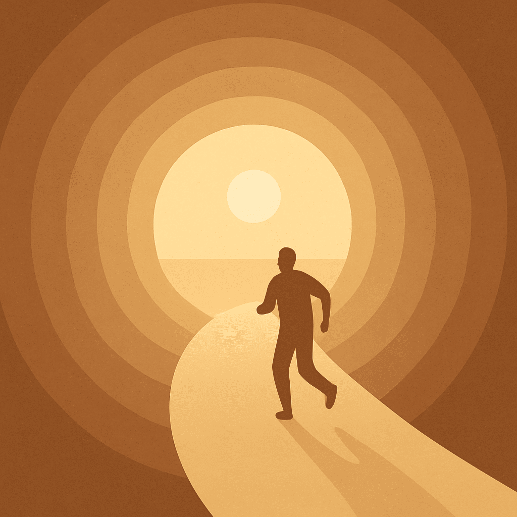 Illustratie van een persoon die door een donkere tunnel loopt richting het licht, als metafoor voor het overwinnen van angst en het vinden van innerlijke rust.