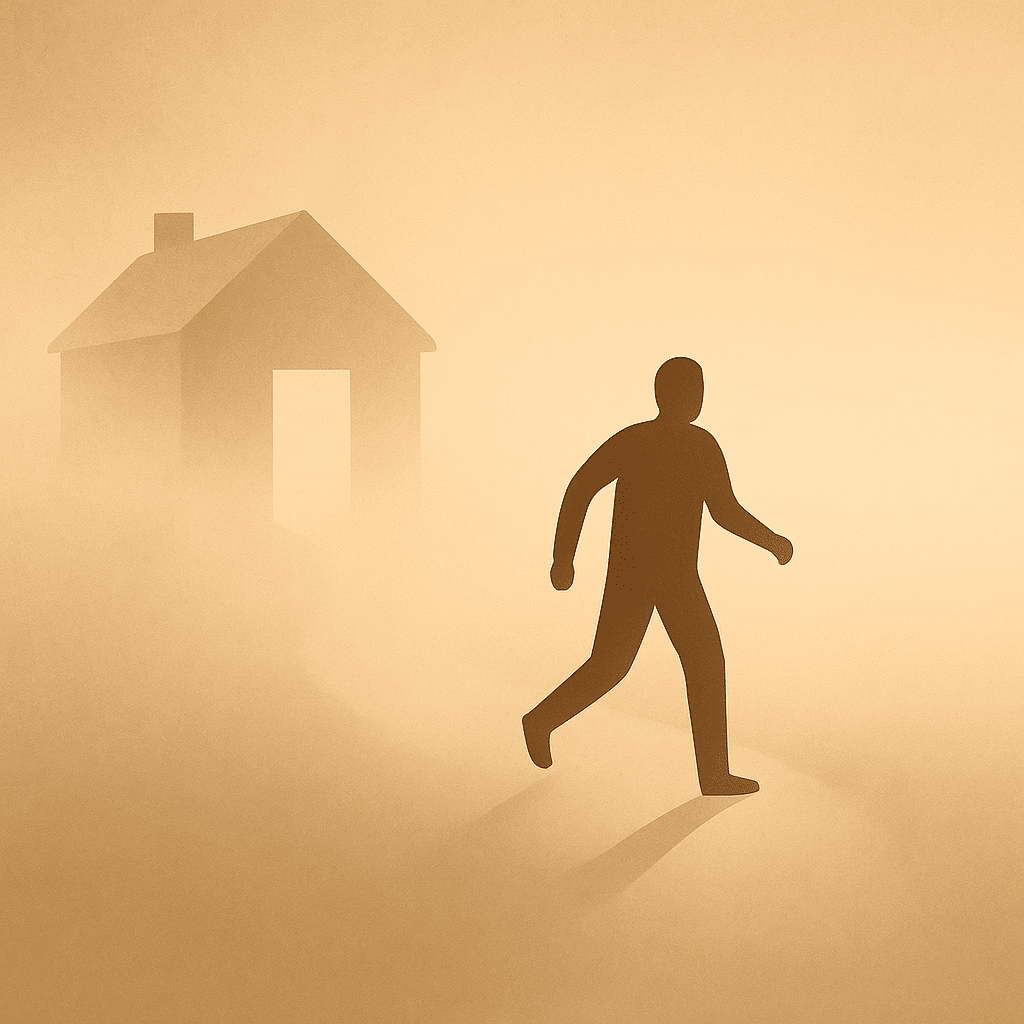 Minimalistische sepia-illustratie van een persoon die uit een klein huis stapt en een mistige, onbekende weg op gaat, als metafoor voor het verlaten van de comfortzone en het tonen van existentiële moed.