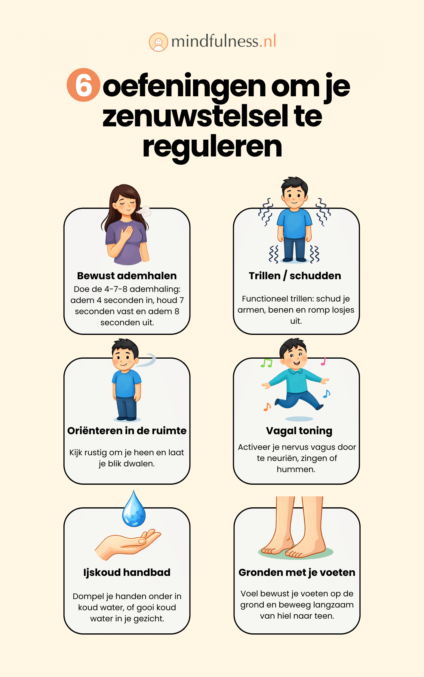 Infographic met 6 oefeningen om je zenuwstelsel kalmeren: bewust ademhalen, trillen, oriënteren, vagal toning, ijskoud handbad en gronden