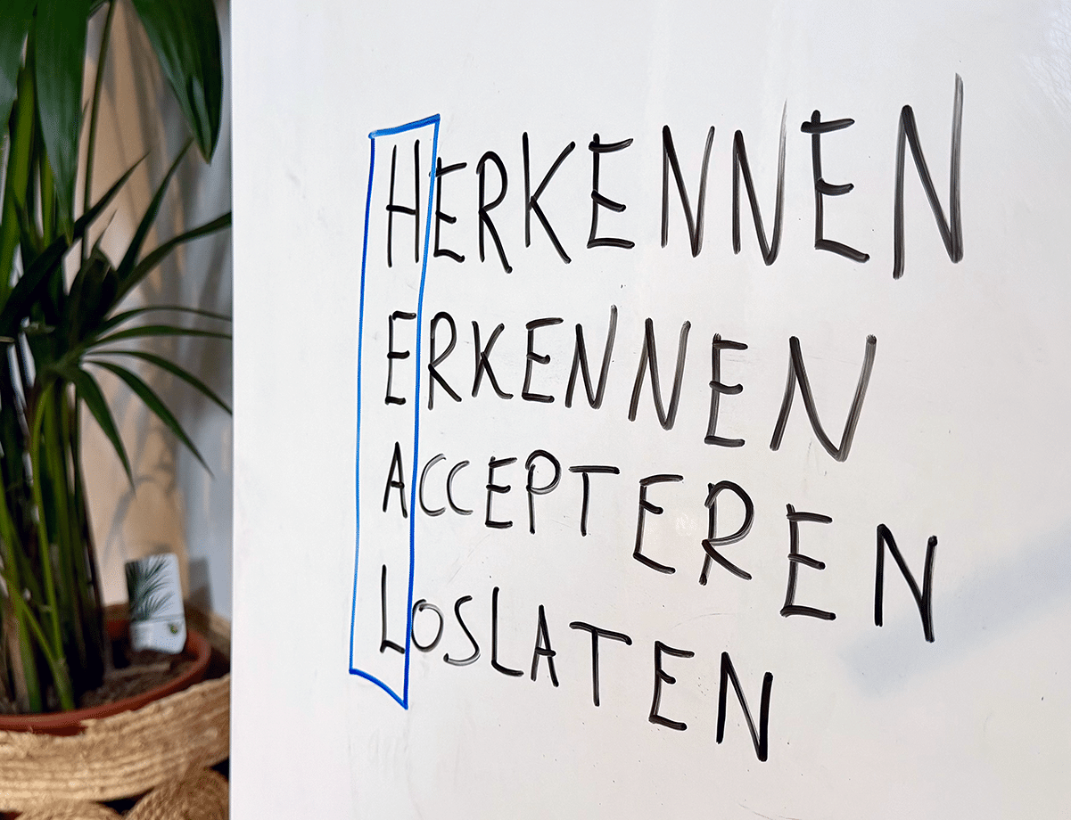 Whiteboard met de vier stappen van de H.E.A.L.-methode onder elkaar geschreven: Herkennen, Erkennen, Accepteren, Loslaten, met de beginletters blauw omkaderd.