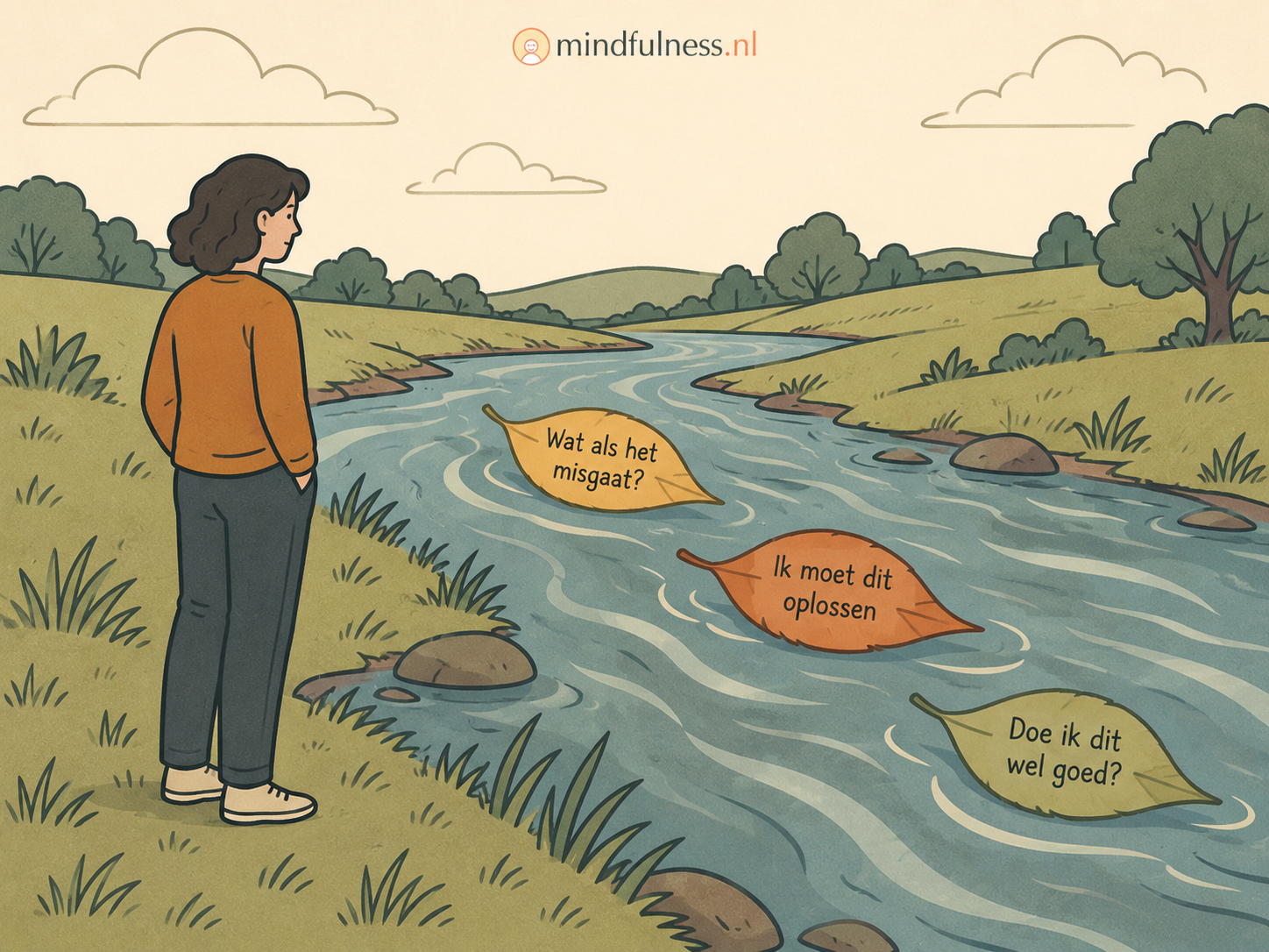 Persoon kijkt naar gedachten op bladeren die over een rivier voorbijdrijven tijdens de ACT-oefening Bladeren op de rivier.