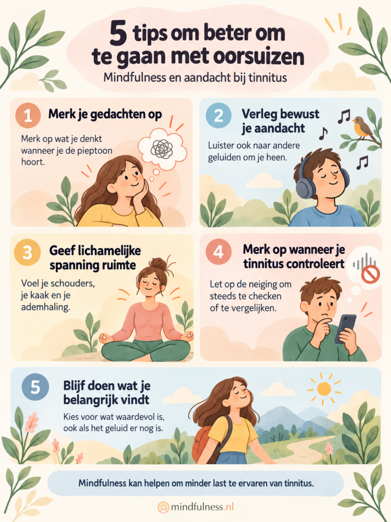 Infographic met 5 mindfulnessgerichte tips om beter om te gaan met oorsuizen: gedachten opmerken, aandacht verleggen, lichamelijke spanning ruimte geven, tinnitus controleren opmerken en blijven doen wat belangrijk is.